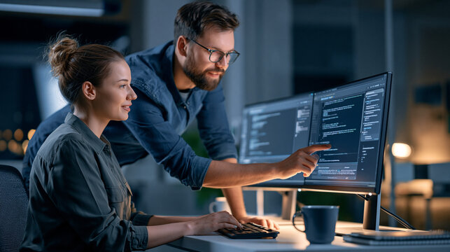 Two software engineers reviewing technical update at desktop workstation showcasing AI assisted code review and collaborative problem solving