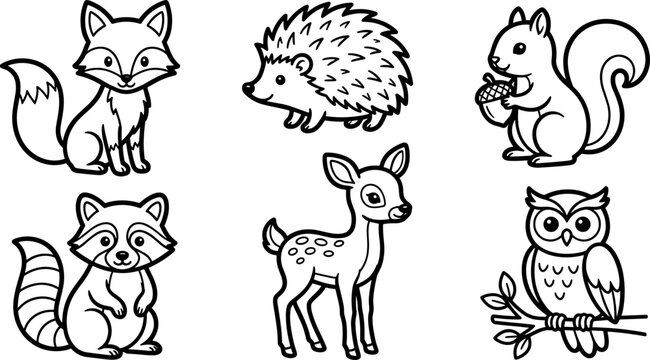 Woodland animals coloring page set featuring cute fox deer raccoon hedgehog squirrel owl line art
