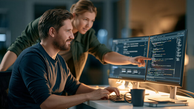 Two software engineers reviewing technical update at desktop workstation showcasing AI assisted code review and collaborative problem solving