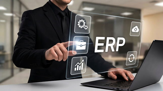 Businessman using enterprise resource planning ERP software system on digital screen