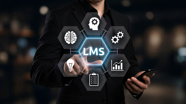 Businessman using LMS learning management system virtual icons technology interface