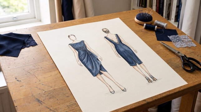 Fashion sketch design of cocktail dresses displayed on a wooden table with sewing tools, showcasing elegant blue fabric details and style variations.