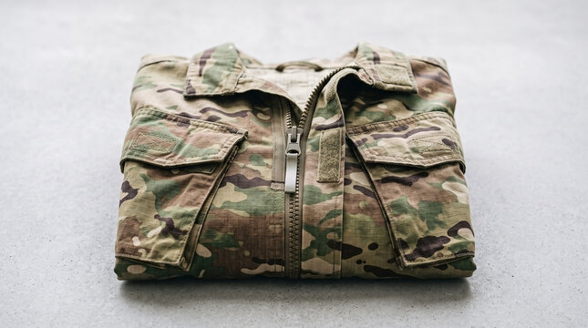 Folded combat jacket with military camouflage pattern on gray background. Jacket features pockets and sturdy zipper design, showcasing durable fabric ideal for outdoor wear.