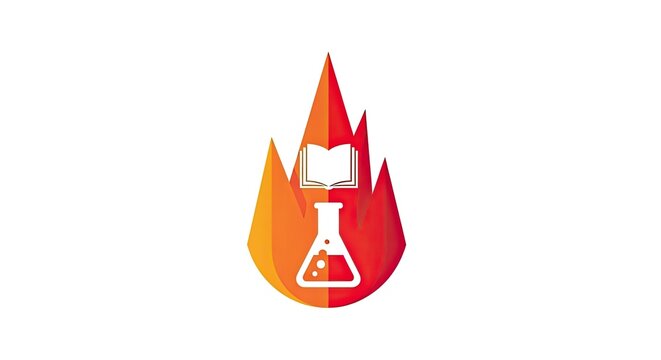 Science research logo with beaker book and flame icon.