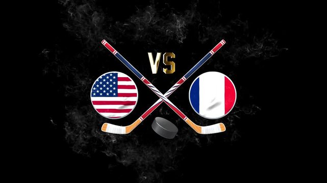 USA vs France hockey match concept with crossed hockey sticks, puck, and national flags on a dark background
