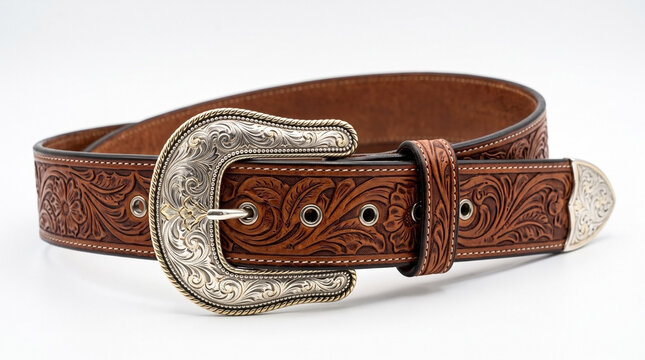Stylish cowboy belt with intricate leather design and silver buckle for western wear. Cowboy belt showcases detailed craftsmanship and elegance, perfect for rodeo events or casual outings.