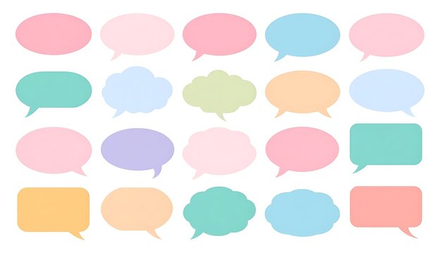 Collection of pastel-colored speech bubbles in various shapes, pixel art style, isolated on white background