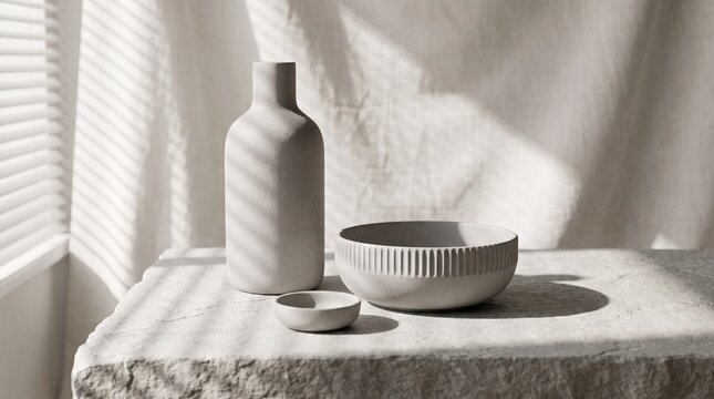 Minimalist ceramic pottery set on stone table by window with interior design home decor still life simplicity texture shadow light vase with bowl