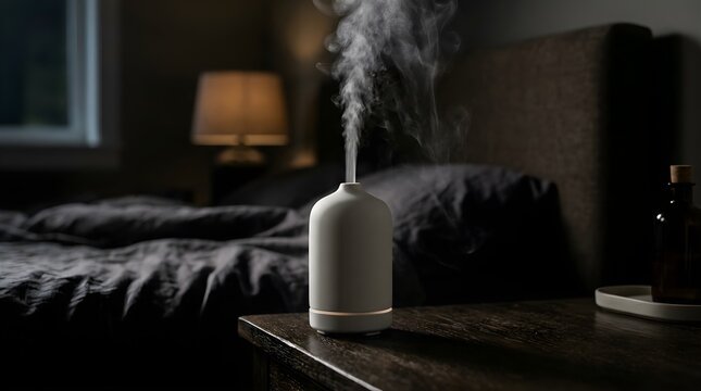White aromatherapy diffuser releasing steam on a wooden nightstand in a bedroom
