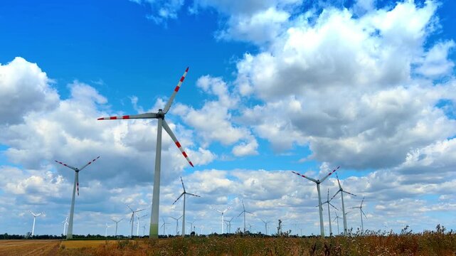 Group of wind turbines operating on agricultural field. Sustainable power generators stand among wild plants under blue atmosphere with white clouds.