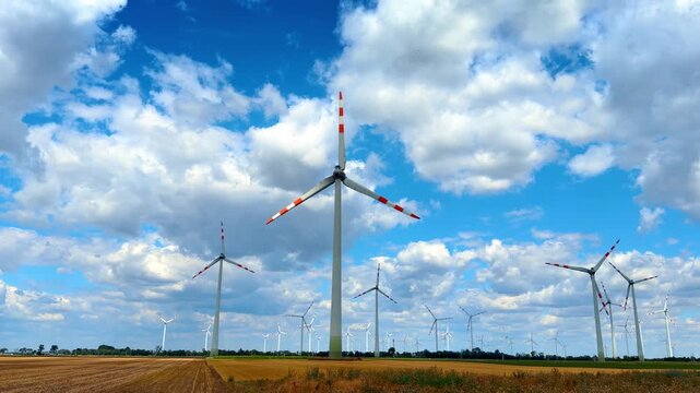Wind farm located on harvested field under dynamic sky. Power generators stand on dry plowed soil under bright blue atmosphere with fluffy clouds.