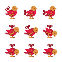 Naklejka premium Collection of pixel art wind-up toy birds with red and gold metallic details and a key mechanism, isolated on white, retro mechanical design