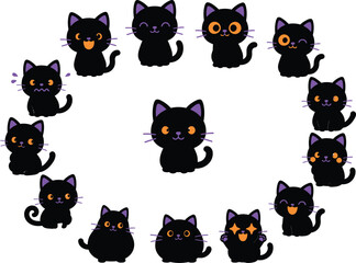 Cute black cat emoji set with expressive faces and poses. Adorable cartoon kittens collection for digital design and messaging.