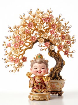 Masterpiece luxury chibi prosperity mascot standing under a golden plum blossom tree featuring metallic branches ceramic flowers crystal buds premium collectible toy figurine on white background

