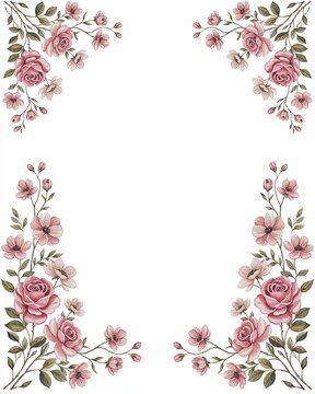 Pink rose flower corner frame border design, floral branch element, isolated on white background