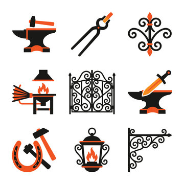 Blacksmithing icons set, anvil with hammer, tongs, forged gate, sword, horseshoe, lantern, decorative elements, vintage tools, fire and sparks
