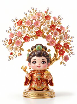 Masterpiece luxury chibi prosperity mascot standing under a golden plum blossom tree featuring metallic branches ceramic flowers crystal buds premium collectible toy figurine on white background

