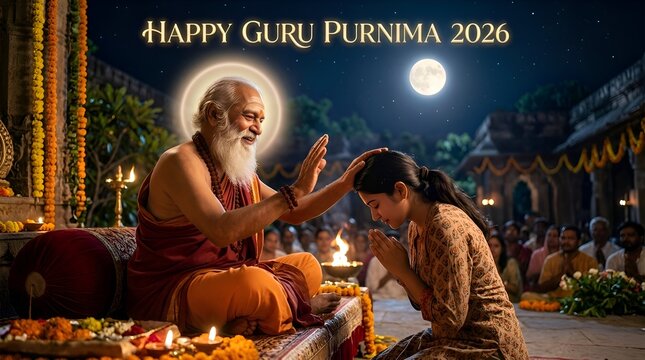 Guru Purnima blessing, elder blessing young woman, spiritual ceremony, India, night, full moon