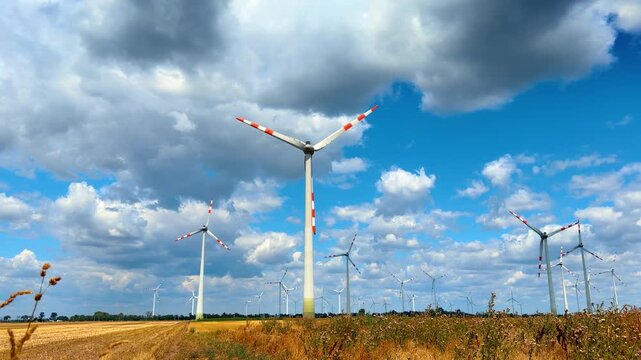 Industrial wind turbines in rural field under overcast sky. Alternative power generators rise above dry wild grass under dramatic clouds in open landscape.