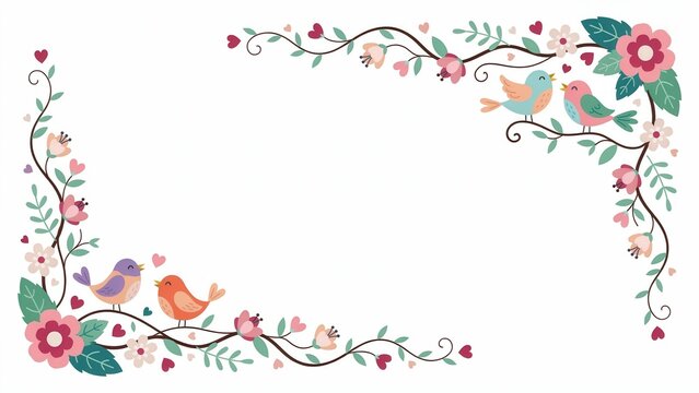 Floral border frame with cute bird and pink flower isolated on white background