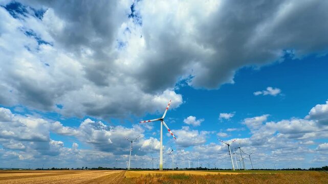 Wind turbines operating in a golden field under a cloudy blue sky. Tall white generators stand in a rural landscape during daytime with bright natural lighting.