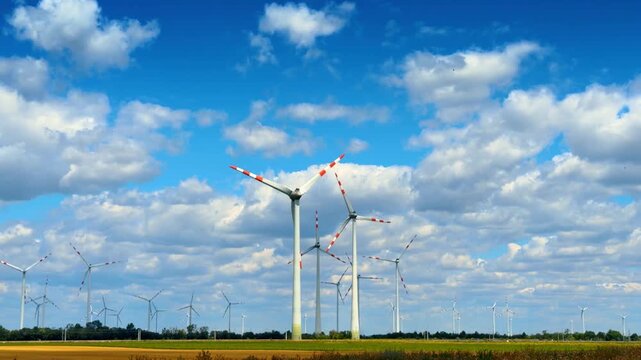 Renewable energy wind farm in open countryside field. White power generators stand on flat agricultural ground under scattered clouds in bright daylight.
