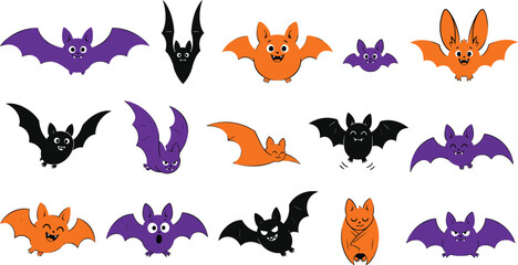 Obraz premium Cute cartoon bats flying and smiling for Halloween decorations. Friendly vector bat illustrations in purple and orange for kids party designs.
