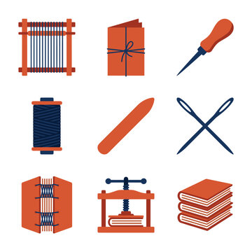 Collection of bookbinding tools and supplies, including a book press, awl, thread, needles, and book structure, in a flat design with warm earth tones