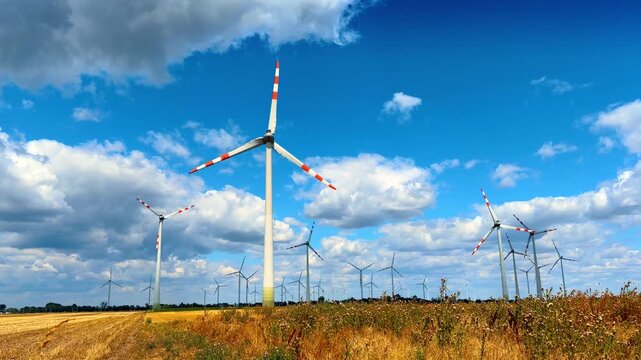 Large wind turbines operating in a field filled with wild flowers and dry grass. Tall white generators generate clean electricity in a bright rural landscape on a sunny summer day.