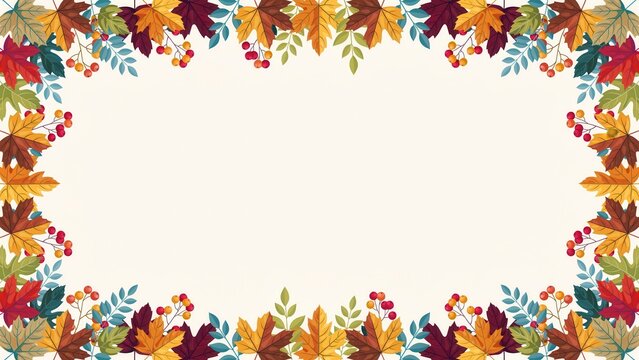 Autumn leaf border frame with colorful fall foliage and berry isolated on white background