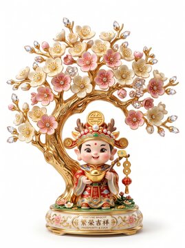 Masterpiece luxury chibi prosperity mascot standing under a golden plum blossom tree featuring metallic branches ceramic flowers crystal buds premium collectible toy figurine on white background

