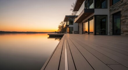 Obraz premium Luxurious waterfront residence at sunset with expansive deck reflecting golden hues on calm water evoking tranquility and sophisticated architectural design perfect for upscale living.
