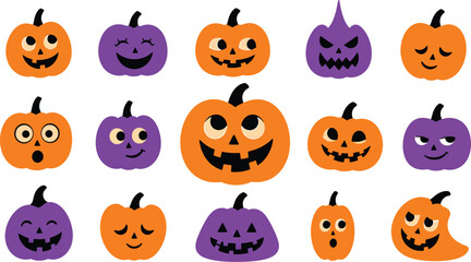 Fototapeta premium Halloween pumpkin faces set with diverse emotions and expressions. Vector collection of jack-o-lanterns for festive seasonal design projects.