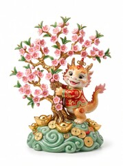 Fototapeta premium Luxury adorable Lunar New Year dragon mascot embracing flowering peach blossom tree with glossy pink blossoms golden branches on jade clouds featuring gold ingots resin
