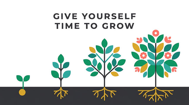 Conceptual growth stages illustration with roots and text self improvement development evolution