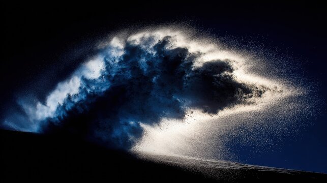Intense snow particles illuminated by spotlight create a dramatic contrast against a deep indigo sky, showcasing the beauty of winter's ephemeral moments