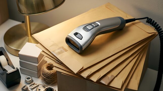 Barcode scanner resting on a stack of envelopes in a shipping office