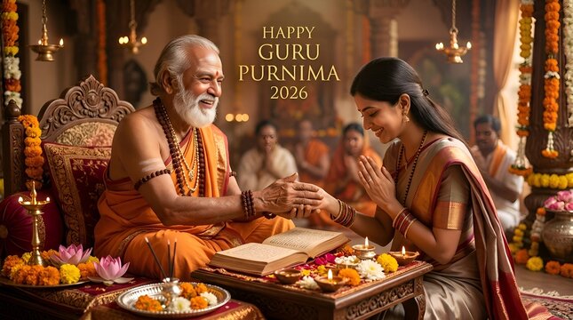 Guru Purnima Celebration: Guru Blessing Devotee, Indian Rituals, Lamps and Flowers