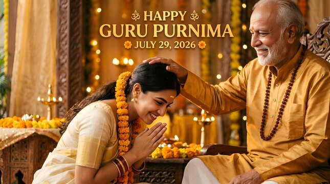 Guru Purnima Celebration: Guru Blessing Devotee with Respectful Greeting