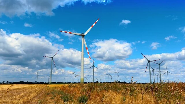 High wind turbines operating in an agricultural field under a cloudy sky. White modern generators rise above dry yellow flora during a bright summer afternoon.