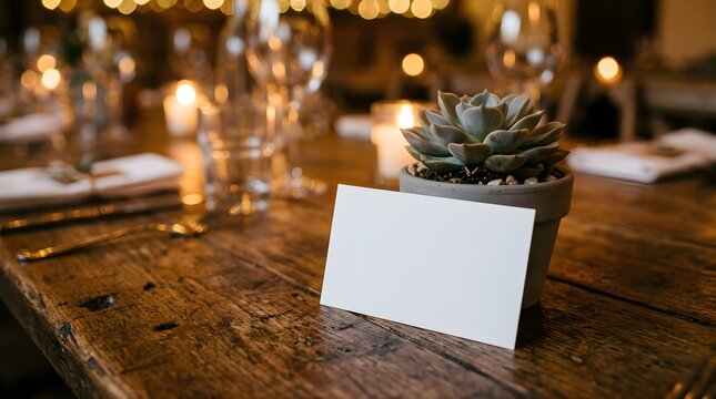 Blank white place card on a rustic wooden table with succulent decor