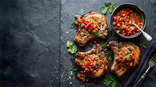 Top view of delicious roasted pork chops topped with fresh tomato salsa served on a dark rustic stone kitchen table background