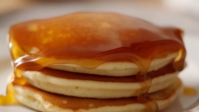 Slow motion close up handheld shot of pancake stack with maple syrup being poured and cascading over layered pancakes on kitchen table plate during cozy morning breakfast