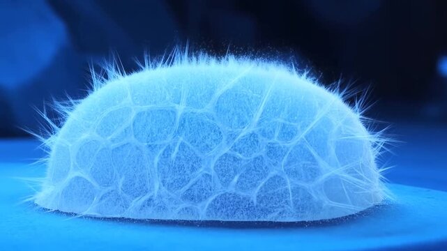 Slow motion close up of dome shaped ice bubble developing frost and crystalline hairs on cold surface in laboratory