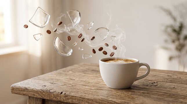 Surreal artistic image of a hot coffee cup on wooden table with flying glass shards and coffee beans exploding in mid-air creating a dynamic abstract composition suitable for cr...