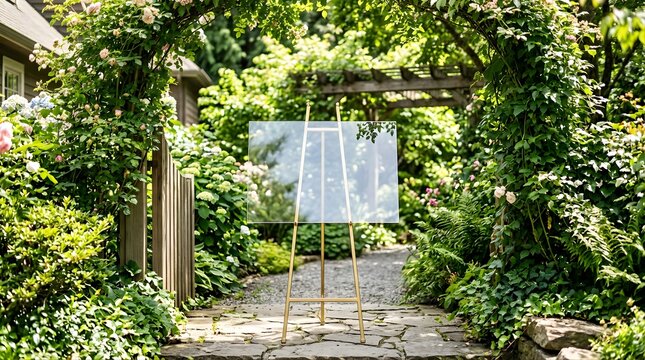 Empty transparent sign on a gold easel displayed in a lush garden path