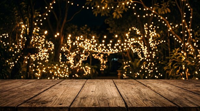 Empty rustic wooden table top with blurred festive garden lights in the background perfect for product display or holiday food presentation