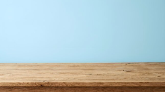 Empty rustic wooden table top surface against a plain light blue wall background for product display or food photography presentation