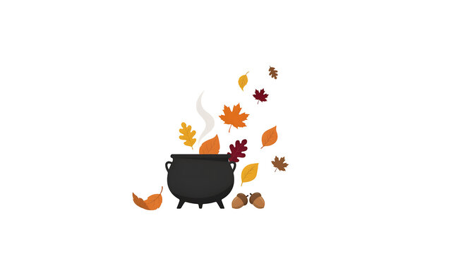 Autumn witch cauldron with falling leaves, black magic pot with steam and acorns, seasonal halloween illustration on white background