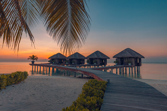 Breathtaking sunset overwater villas wooden pier palm leaves idyllic ocean view, luxury resort. Stunning tropical travel landscape paradise. Romantic honeymoon escape, exotic dreamy island getaway